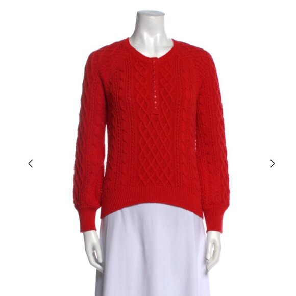 Sezane La Maille Red Cable Knit Sweater XS, Button Front Cozy Winter Chic - Picture 2 of 5